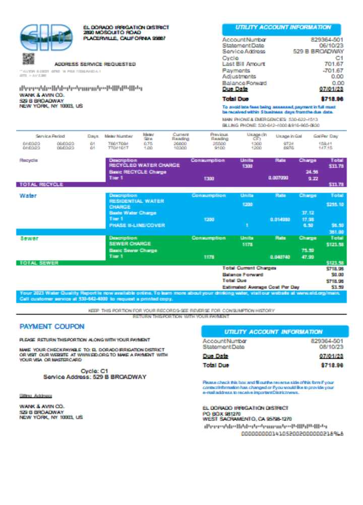El Dorado Irrigation District utility business bill SCR PSD template
